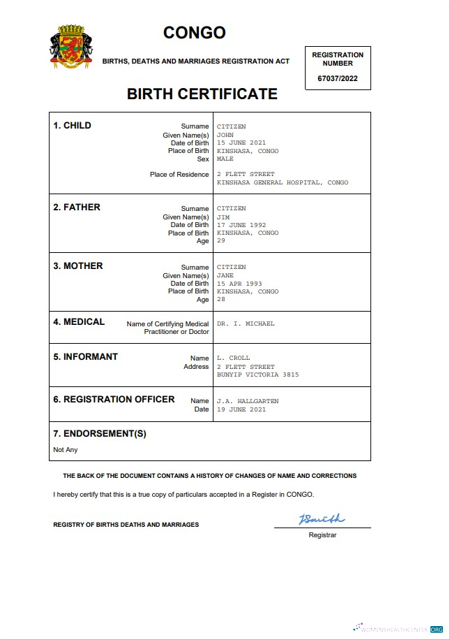 Download Congo vital record birth certificate Word and PDF template Photoshop template